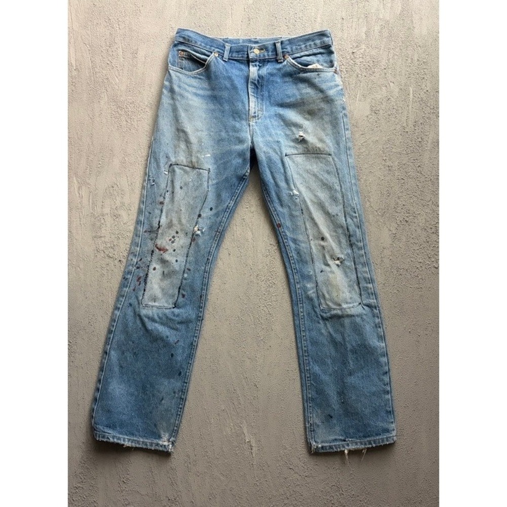 Vintage Lee Jeans 32x30 Blue 1980s Distressed Paint Splatter Patchwork